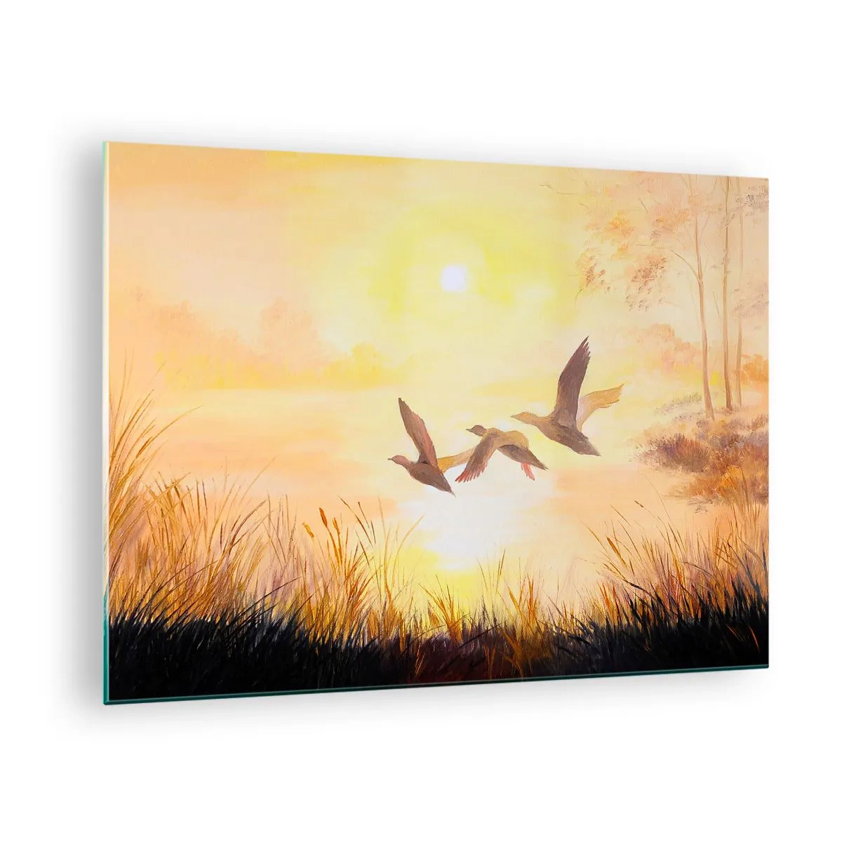 Glasbild - Bild auf glas - Drei Enten fliegen bei Sonnenaufgang über einen See - 70x50cm - Der Beginn einer langen Reise - Moderne Wanddekoration für Wohnzimmer und Schlafzimmer ARTTOR