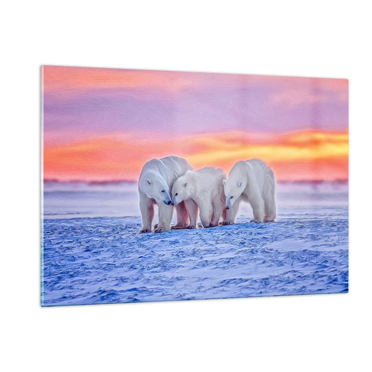 Glasbild - Bild auf glas - Drei Eisbären auf einem verschneiten Hintergrund bei Sonnenuntergang - 120x80cm - Familienwärme ist genug - Moderne Wanddekoration für Wohnzimmer und Schlafzimmer ARTTOR