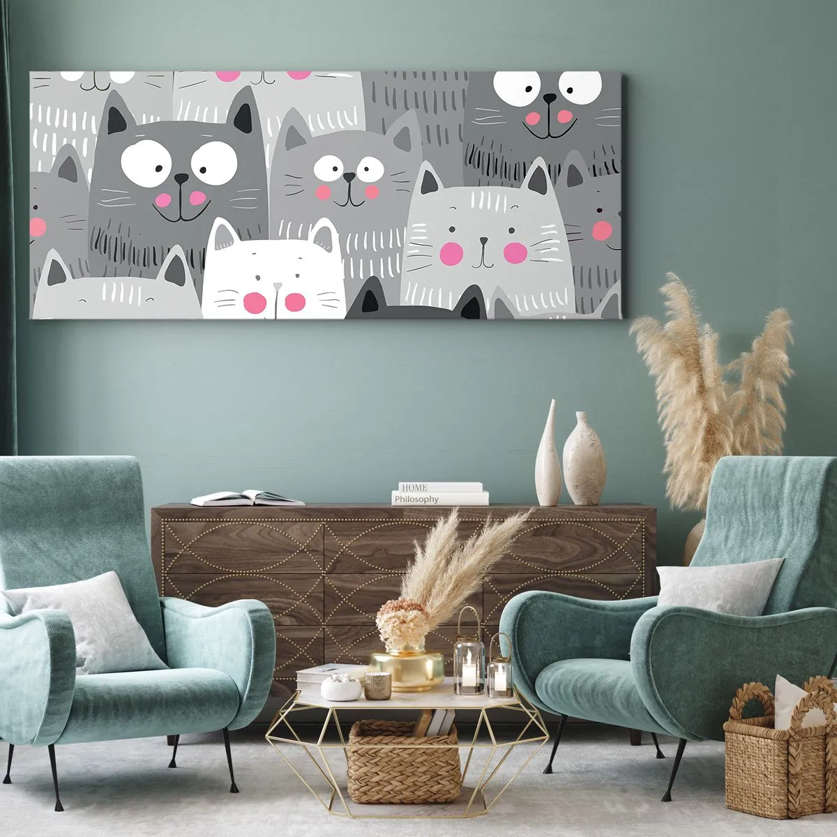 Bild auf Leinwand - Leinwandbild - Ein lustiges Muster mit Katzen in Grautönen - 120x50cm - Katzenwelt - Moderne Wanddekoration für Wohnzimmer und Schlafzimmer ARTTOR