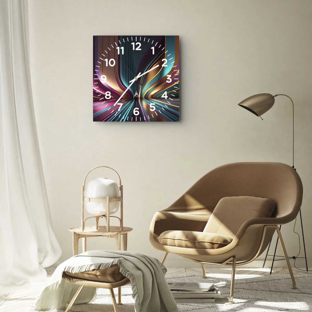Wanduhr - Glasuhr - Futuristische Abstraktion mit intensiven Farben und Kurven - 30x30cm - Architektur des Lichts - Moderne Wanddekoration für Wohnzimmer und Schlafzimmer ARTTOR