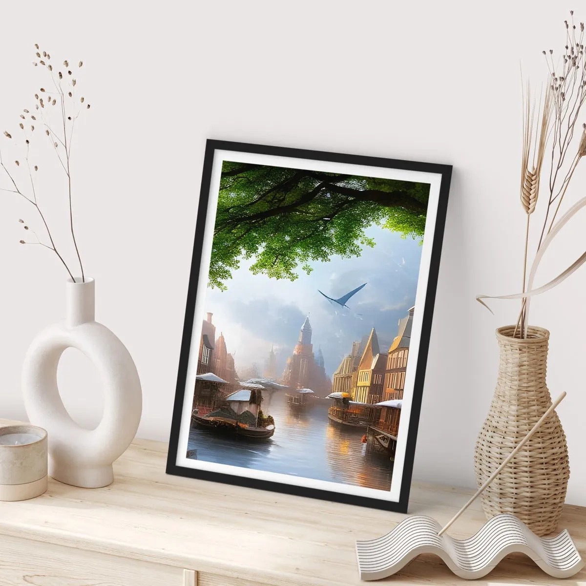 Poster in einem schwarzem Rahmen - Malerischer Blick auf den Kanal mit historischer Architektur - 50x70cm - Niederländisches Stadtbild - Moderne Wanddekoration für Wohnzimmer und Schlafzimmer ARTTOR