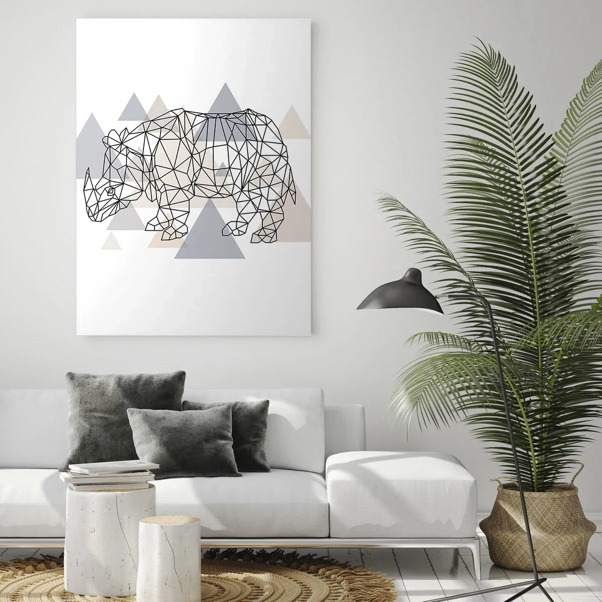 Glasbild - Bild auf glas - Geometrisches Nashorn auf einem Hintergrund aus zarten Dreiecken - 80x120cm - Struktur der Stärke - Moderne Wanddekoration für Wohnzimmer und Schlafzimmer ARTTOR