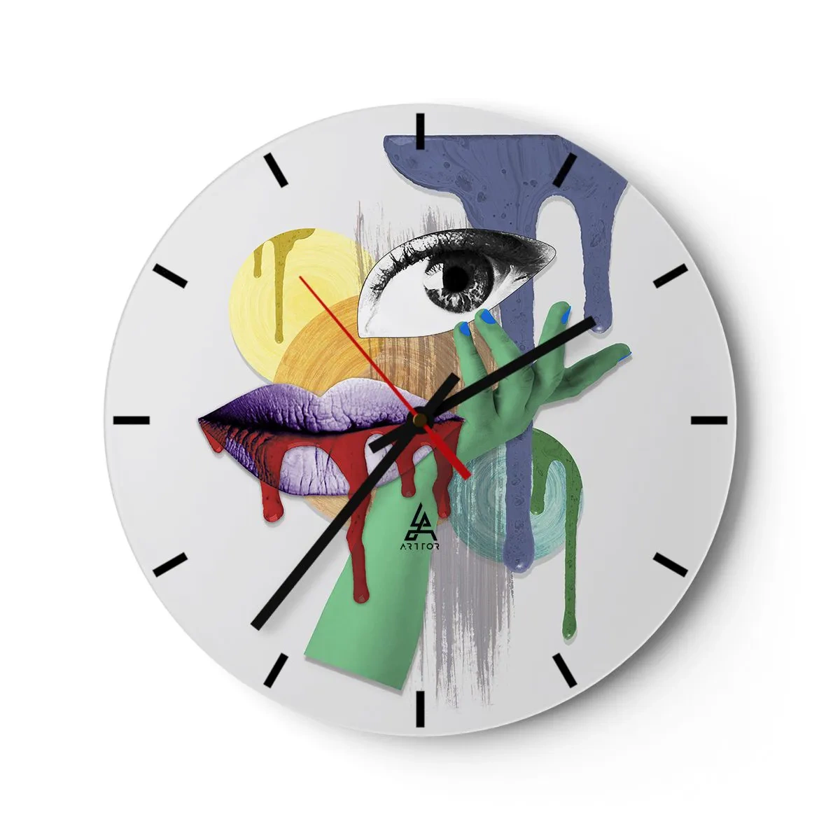Wanduhr - Glasuhr - Ausdrucksstarke Abstraktion mit Auge, Mund und bunten Elementen - 30x30cm - Ein dekonstruiertes Porträt - Moderne Wanddekoration für Wohnzimmer, Küche und Schlafzimmer ARTTOR