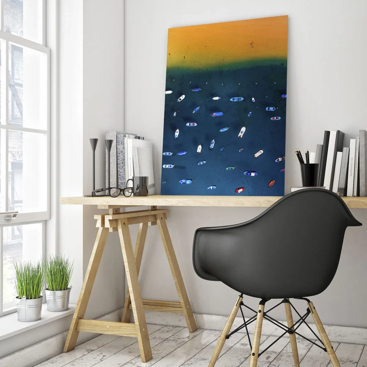 Glasbild - Bild auf glas - Luftaufnahme von Booten auf dem Wasser und einem Sandstrand - 80x120cm - Feiertagsspiel - Moderne Wanddekoration für Wohnzimmer und Schlafzimmer ARTTOR