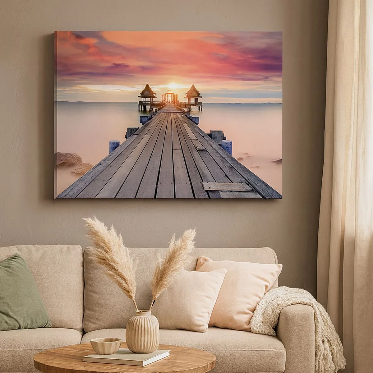 Bild auf Leinwand - Leinwandbild - Holzsteg führt zu Pavillons bei Sonnenuntergang - 70x50cm - Westen im Osten - Moderne Wanddekoration für Wohnzimmer und Schlafzimmer ARTTOR