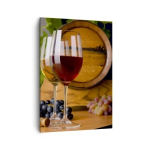 Bild auf Leinwand - Leinwandbild - Gläser Wein mit Trauben, ein Fass und Flaschen auf einem Holztisch - 50x70cm - Wie die alten Meister - Moderne Wanddekoration für Wohnzimmer und Schlafzimmer ARTTOR