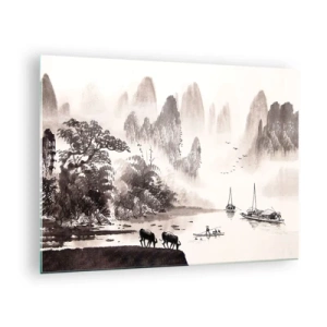 Glasbild - Bild auf glas - Chinesische Landschaft mit Bergen, Bäumen und Wasser - 70x50cm - Der exotische Alltag des Ostens - Moderne Wanddekoration für Wohnzimmer und Schlafzimmer ARTTOR