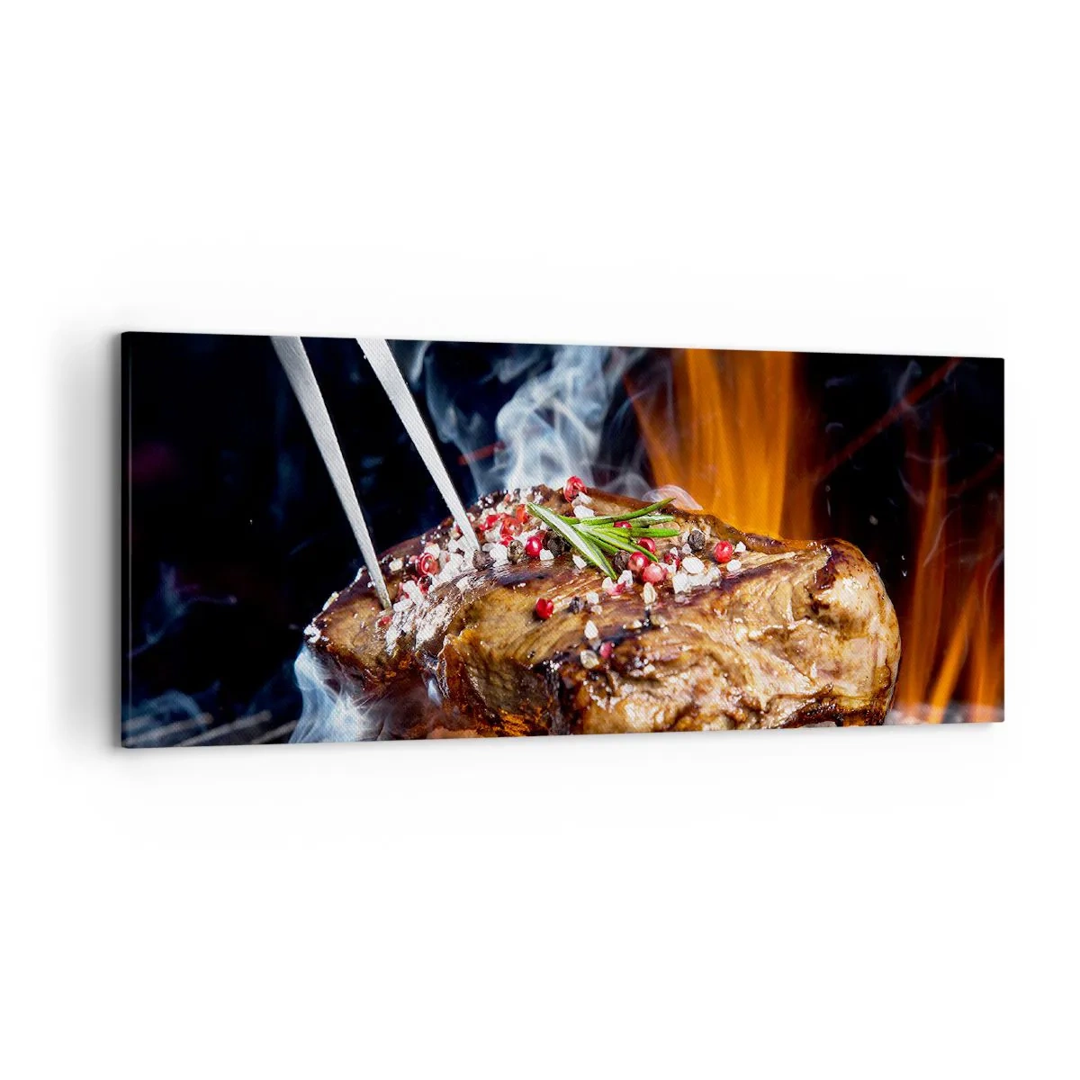 Bild auf Leinwand - Leinwandbild - Gegrilltes Steak auf einem Grill mit Gewürzen - 120x50cm - Saftig und duftend - Moderne Wanddekoration für Wohnzimmer und Schlafzimmer ARTTOR