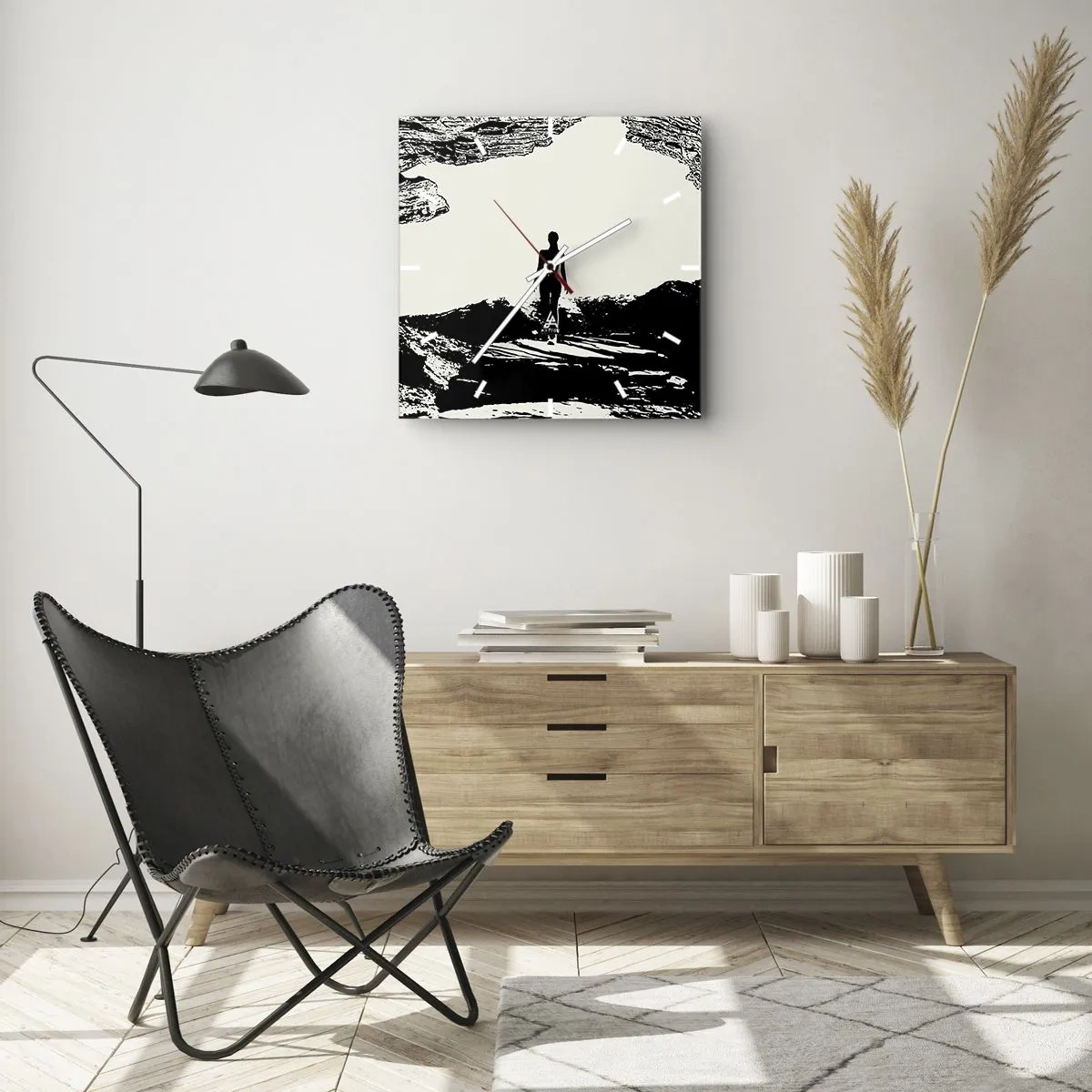 Wanduhr - Glasuhr - Schwarz-weiße Silhouette einer Frau in einer Höhle gegen den Himmel - 30x30cm - Neuer Blick - Moderne Wanddekoration für Wohnzimmer und Schlafzimmer ARTTOR