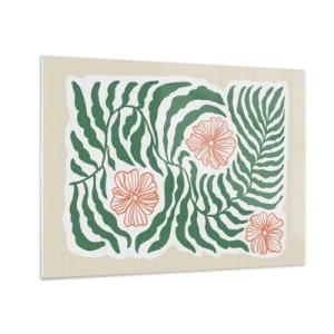 Glasbild - Bild auf glas - Grüne Blätter und rote Blüten in grafischer Anordnung - 70x50cm - Aufgeblüht in Grün - Moderne Wanddekoration für Wohnzimmer und Schlafzimmer ARTTOR