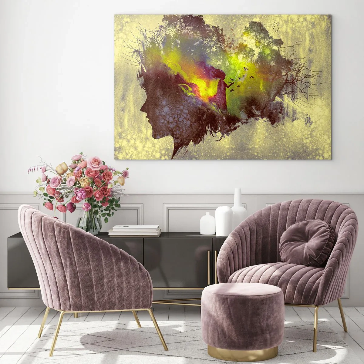Glasbild - Bild auf glas - Das Gesichtsprofil einer Frau voller Natur und farbenfroher Effekte. - 70x50cm - Mutter Natur - Moderne Wanddekoration für Wohnzimmer und Schlafzimmer ARTTOR