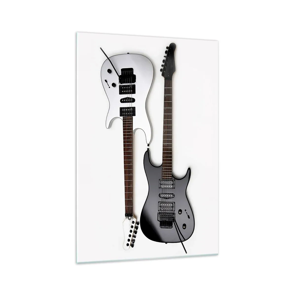 Glasbild - Bild auf glas - Zwei E-Gitarren in Schwarz und Weiß auf hellem Hintergrund. - 70x100cm - Harmonie der Formen - Moderne Wanddekoration für Wohnzimmer und Schlafzimmer ARTTOR