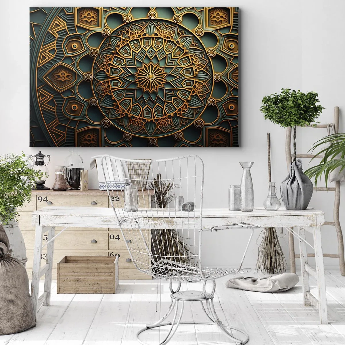 Bild auf Leinwand - Leinwandbild - Ein goldenes Mandala auf türkisfarbenem Hintergrund mit vielen Details. - 70x50cm - In arabischer Atmosphäre - Moderne Wanddekoration für Wohnzimmer und Schlafzimmer ARTTOR