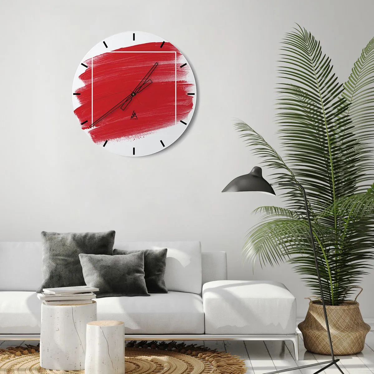 Wanduhr - Glasuhr - Roter Pinselstrich überquert einen weißen Rand - 30x30cm - Aus dem Rahmen - Moderne Wanddekoration für Wohnzimmer, Küche und Schlafzimmer ARTTOR
