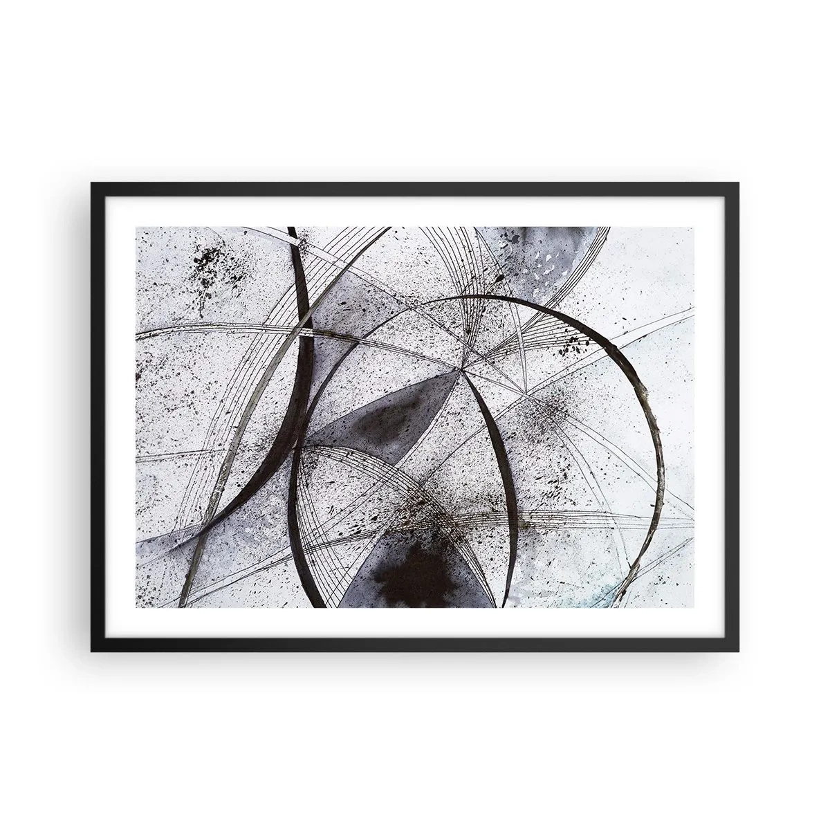 Poster in einem schwarzem Rahmen - Abstrakte Linien und Formen in Grau- und Schwarztönen - 70x50cm - Futuristische Fantasie - Moderne Wanddekoration für Wohnzimmer und Schlafzimmer ARTTOR