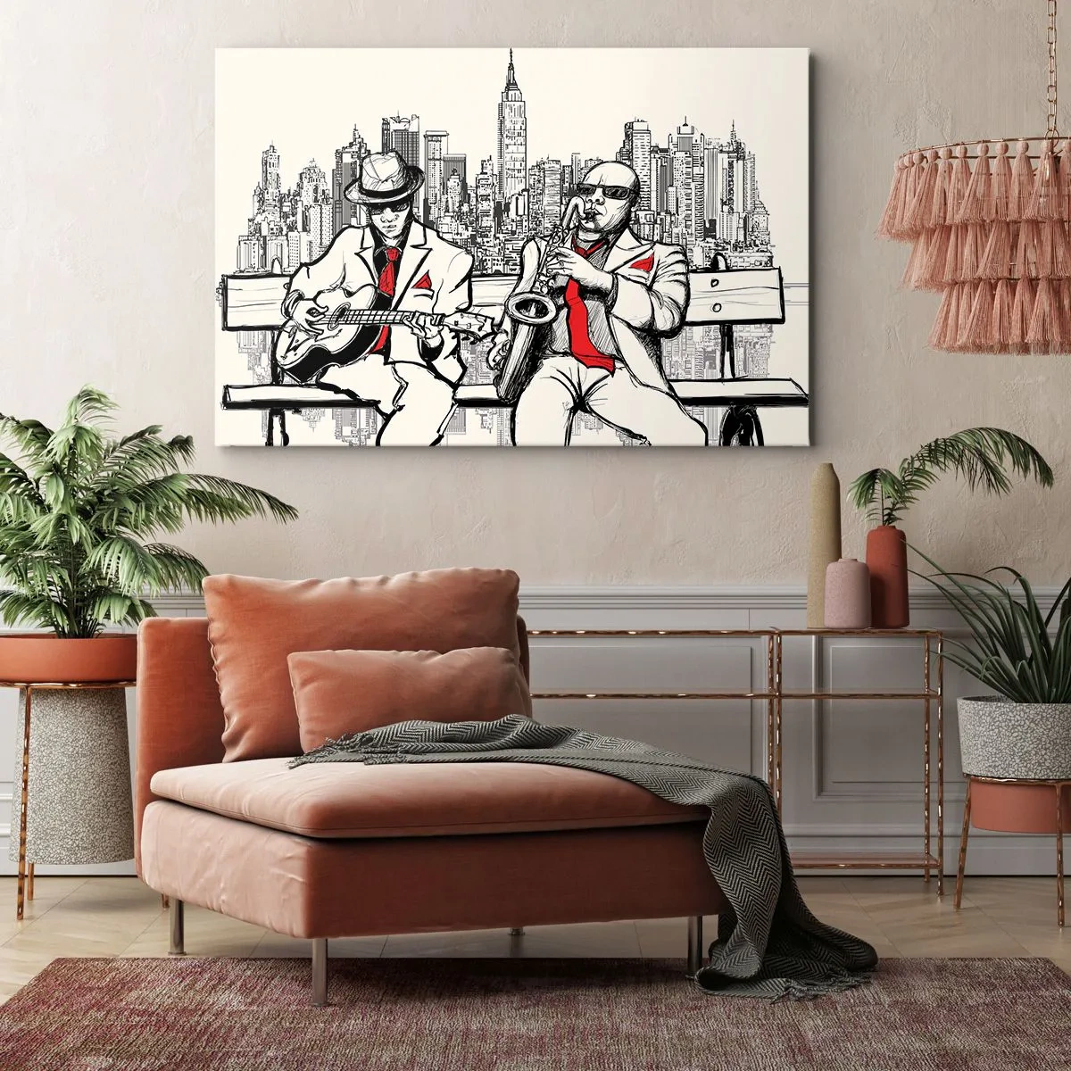 Bild auf Leinwand - Leinwandbild - Ein Jazzduo mit Saxophon und Gitarre vor der Kulisse der Stadt - 120x80cm - New Yorker Improvisation - Moderne Wanddekoration für Wohnzimmer und Schlafzimmer ARTTOR