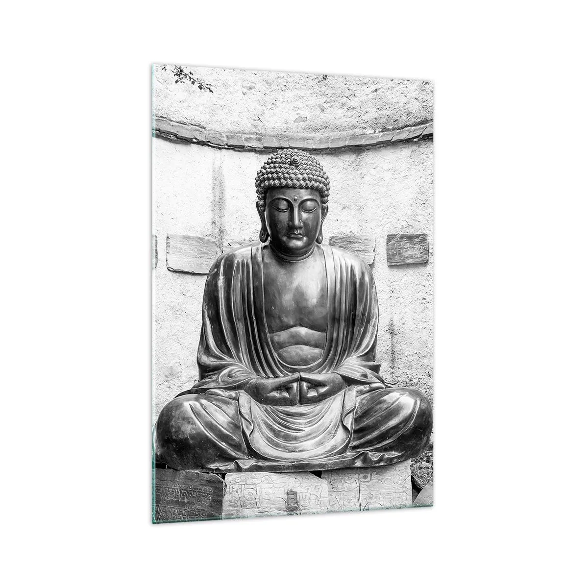 Glasbild - Bild auf glas - Schwarz-weiße Buddha-Statue in meditativer Pose - 70x100cm - An der Quelle des Friedens - Moderne Wanddekoration für Wohnzimmer und Schlafzimmer ARTTOR