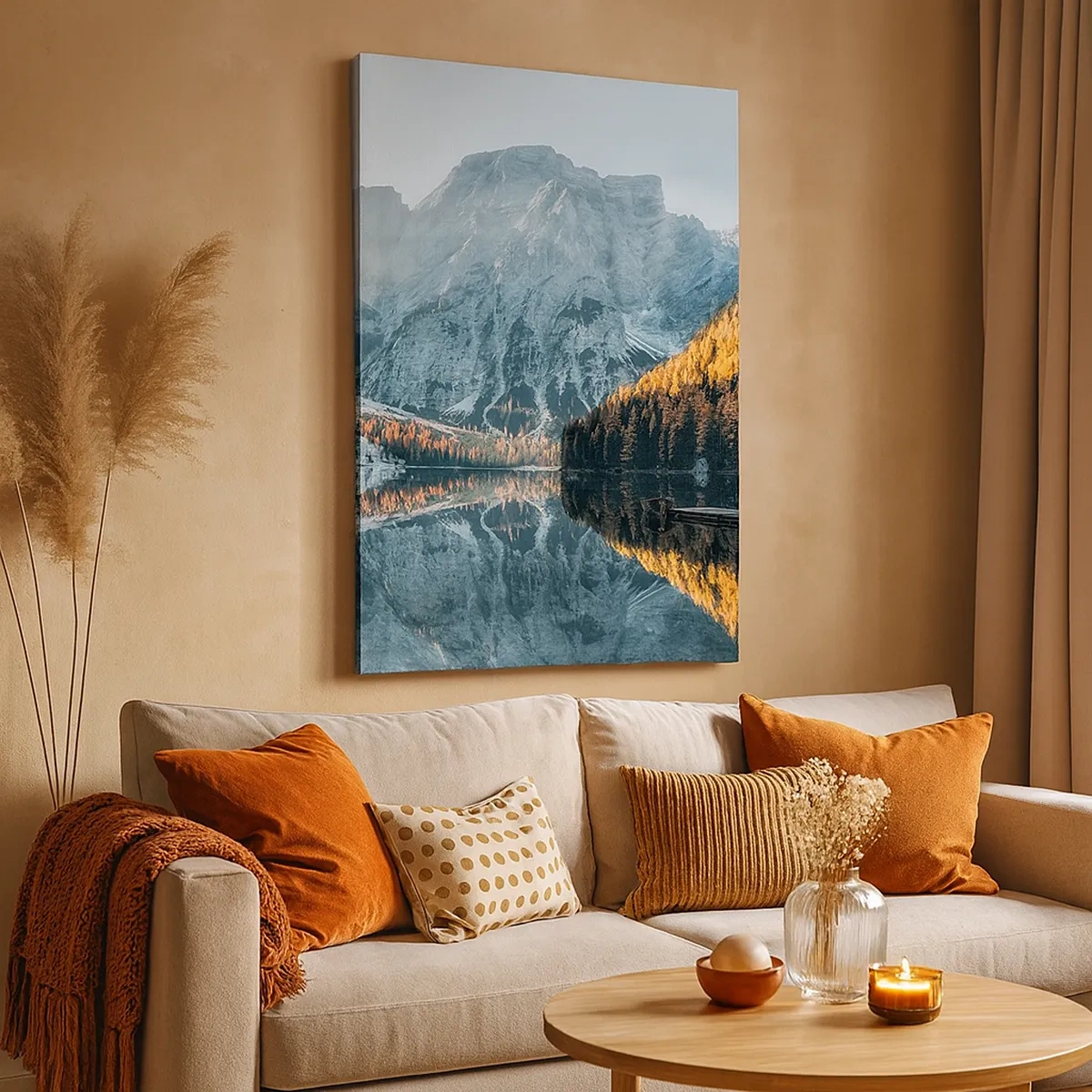Bild auf Leinwand - Leinwandbild - Eine Berglandschaft spiegelt sich in der ruhigen Oberfläche eines Sees - 50x70cm - Spiegellandschaft - Moderne Wanddekoration für Wohnzimmer und Schlafzimmer ARTTOR
