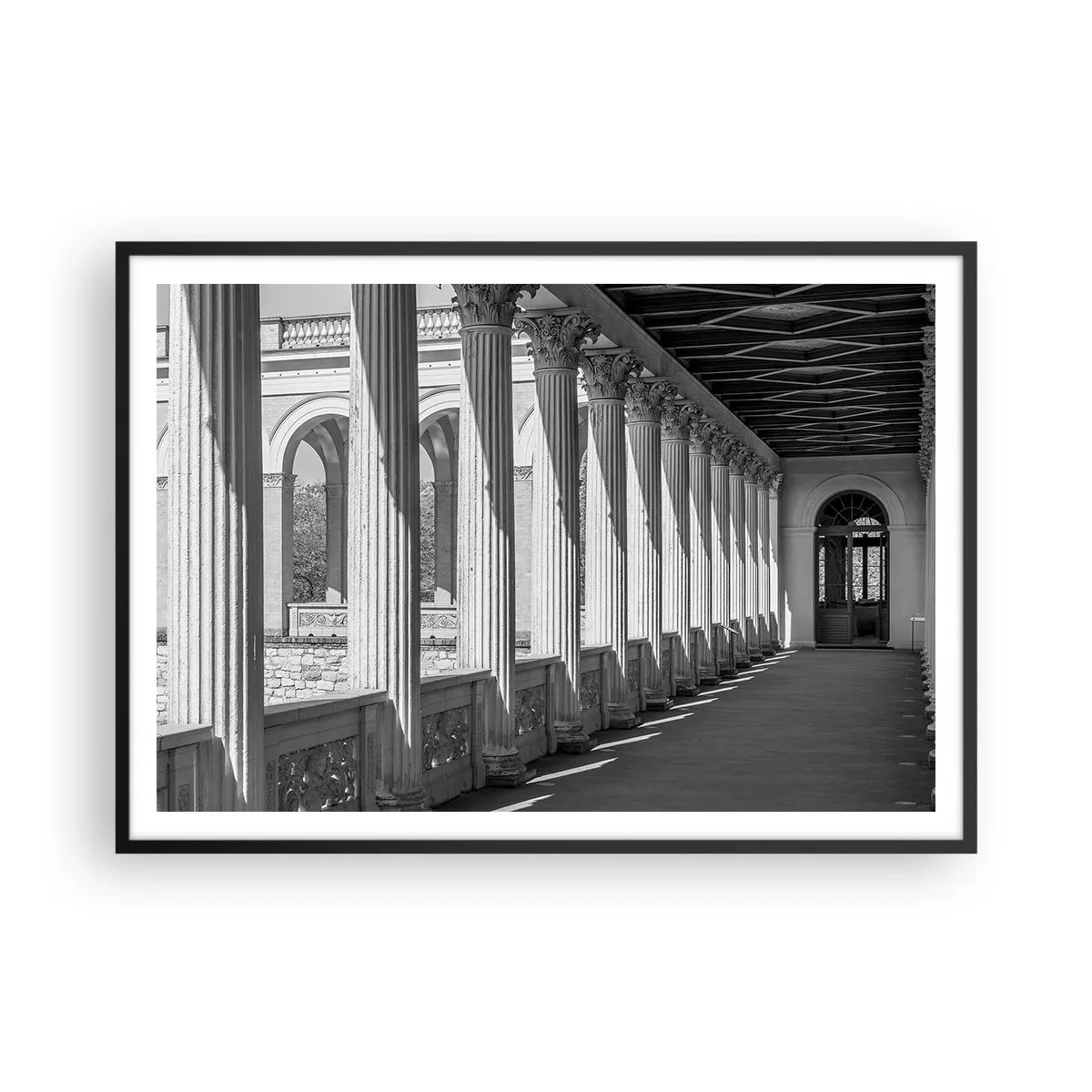 Poster in einem schwarzem Rahmen - Kolonnade im klassischen Stil in Schwarz und Weiß - 100x70cm - Sonnige Arkade - Moderne Wanddekoration für Wohnzimmer und Schlafzimmer ARTTOR
