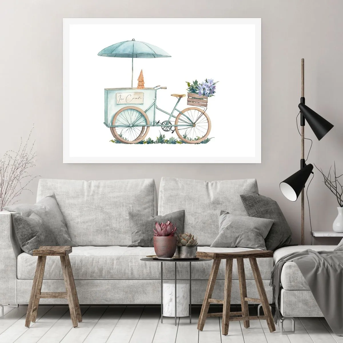 Poster - Ein Fahrrad mit Eis und Blumen unter einem Regenschirm in zarten Pastellfarben - 100x70cm - Süße Erinnerung an den Sommer - Moderne Wanddekoration für Wohnzimmer und Schlafzimmer ARTTOR
