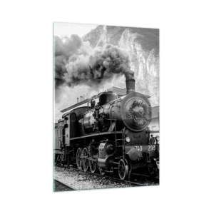 Glasbild - Bild auf glas - Eine alte Dampfeisenbahn in einer Berglandschaft - 50x70cm - Steht am Bahnhof ... - Moderne Wanddekoration für Wohnzimmer und Schlafzimmer ARTTOR