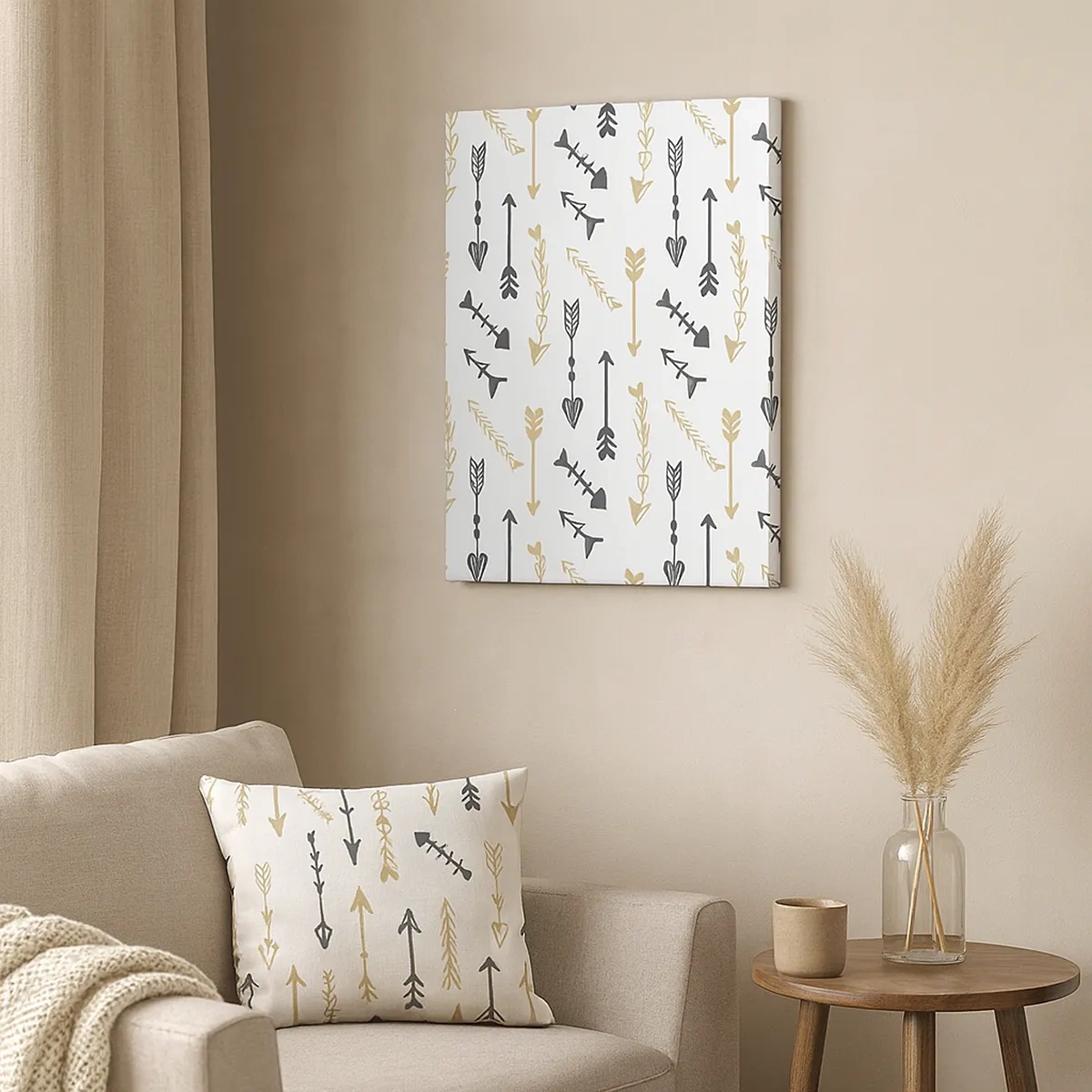 Bild auf Leinwand - Leinwandbild - Ein minimalistisches Muster mit Pfeilen in Beige- und Grautönen. - 50x70cm - Der Traum des Bogenschützen - Moderne Wanddekoration für Wohnzimmer und Schlafzimmer ARTTOR