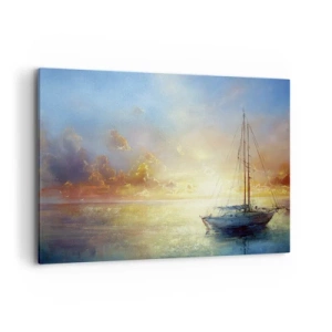 Bild auf Leinwand - Leinwandbild - Eine Yacht auf ruhigem Meer bei Sonnenuntergang - 100x70cm - In einer goldenen Bucht - Moderne Wanddekoration für Wohnzimmer und Schlafzimmer ARTTOR