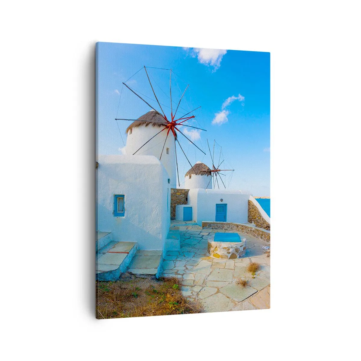 Bild auf Leinwand - Leinwandbild - Weiße Windmühlen an den Ufern des blauen Meeres - 50x70cm - Der blaue Wind vom Meer - Moderne Wanddekoration für Wohnzimmer und Schlafzimmer ARTTOR
