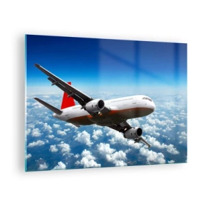 Glasbild - Bild auf glas - Ein Passagierflugzeug fliegt über den Wolken vor blauem Himmel - 70x50cm - Entferne dich von allem - Moderne Wanddekoration für Wohnzimmer und Schlafzimmer ARTTOR