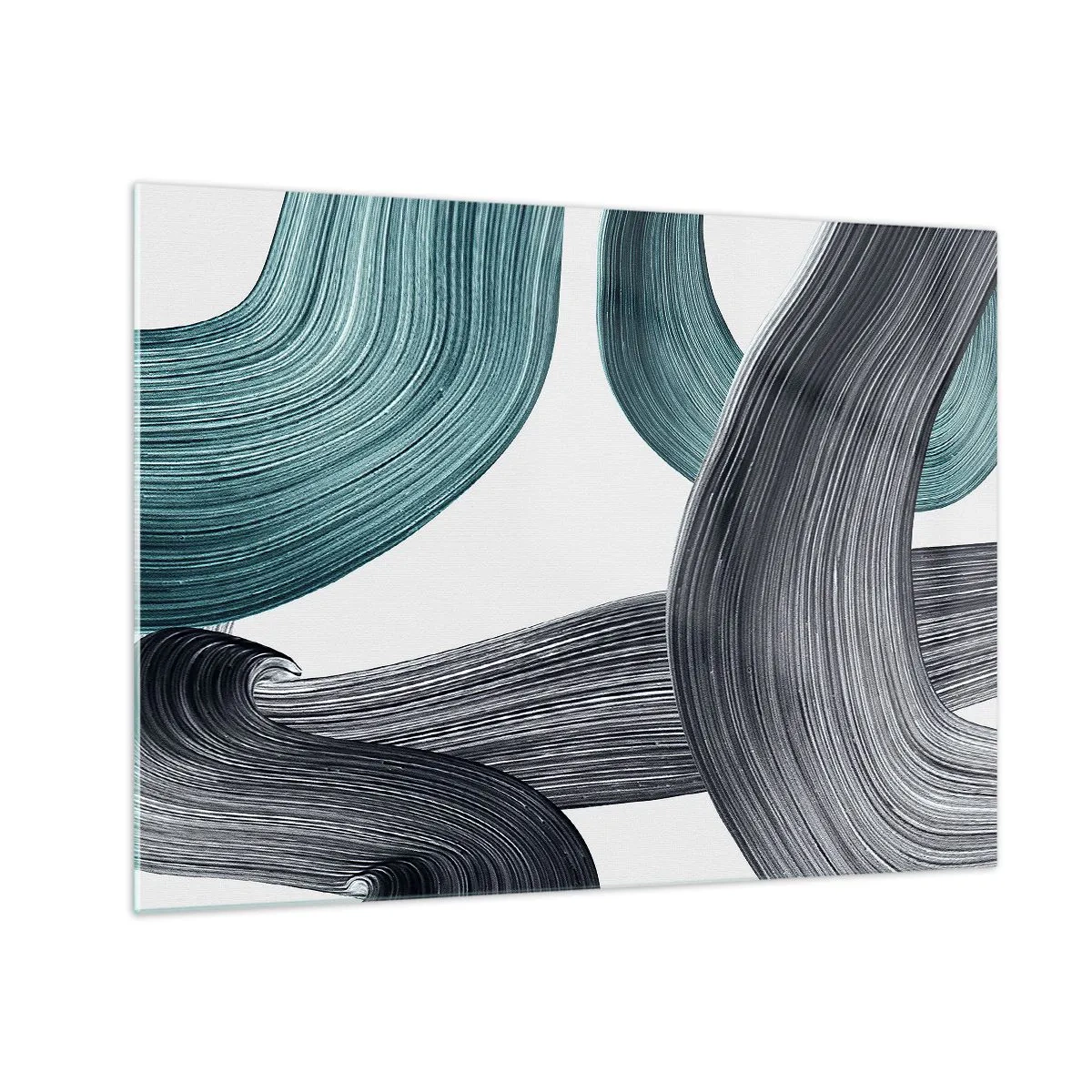 Glasbild - Bild auf glas - Dynamische Streifen in Smaragd- und Schwarztönen auf weißem Hintergrund - 70x50cm - Smaragdgrüne und schwarze Pfade - Moderne Wanddekoration für Wohnzimmer und Schlafzimmer ARTTOR