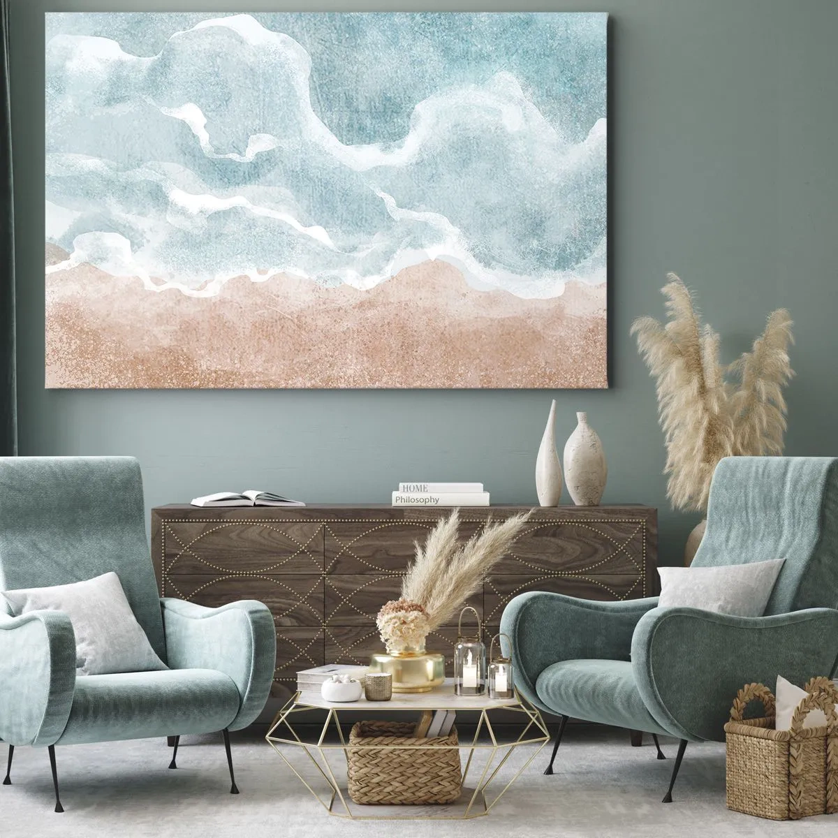 Bild auf Leinwand - Leinwandbild - Abstrakter Strand mit Wellen in Blau- und Beigetönen - 100x70cm - Cloud-Abstraktion - Moderne Wanddekoration für Wohnzimmer und Schlafzimmer ARTTOR