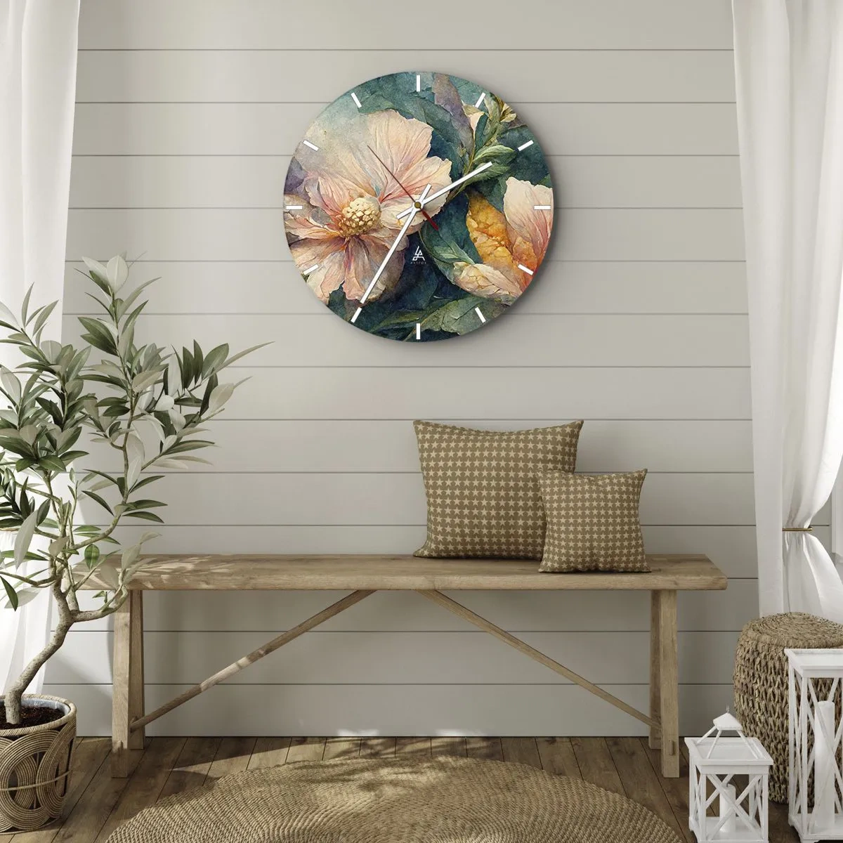 Wanduhr - Glasuhr - Zarte Blüten in Pastellfarben mit grünen Blättern - 30x30cm - Pure Subtilität - Moderne Wanddekoration für Wohnzimmer, Küche und Schlafzimmer ARTTOR