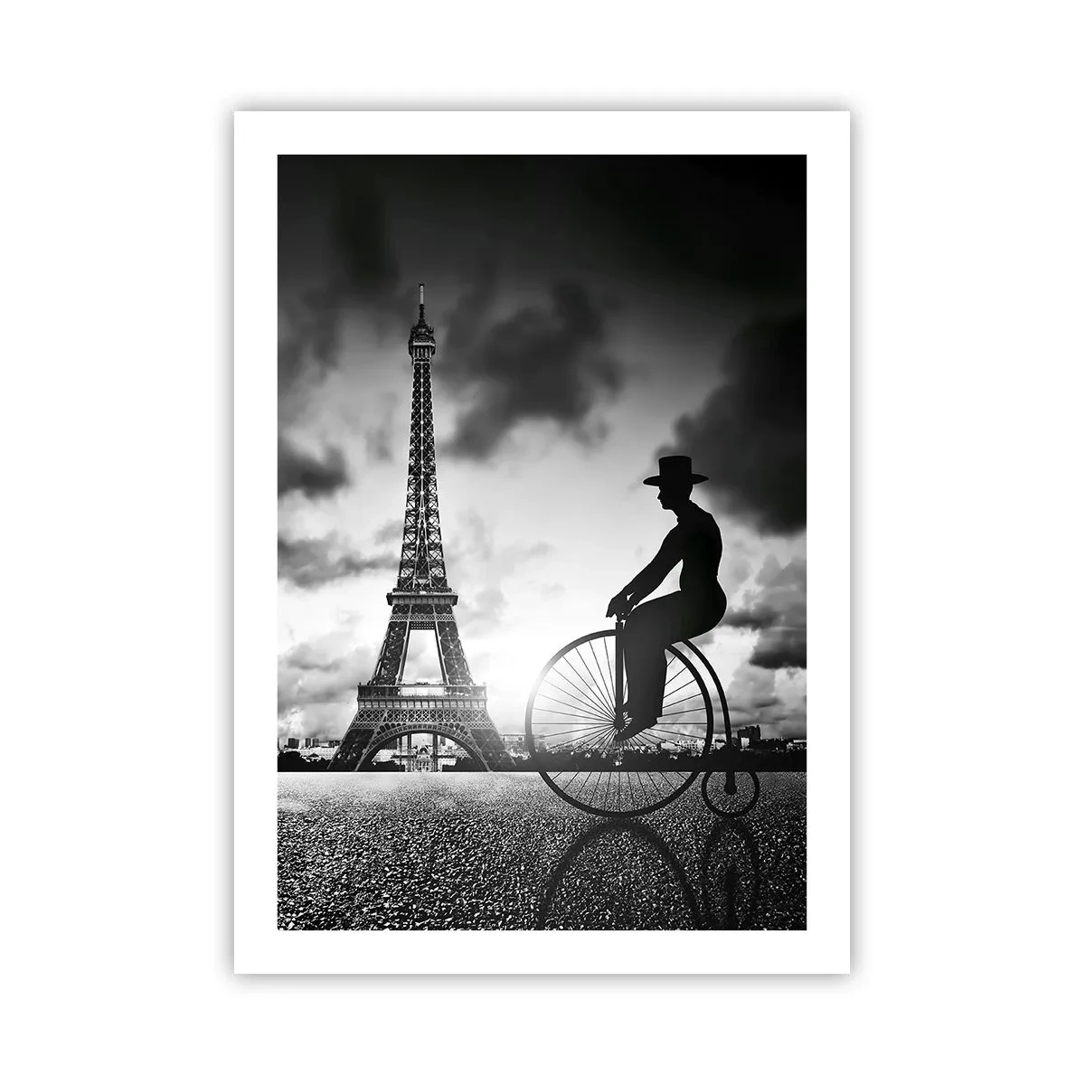 Poster - Silhouette eines Radfahrers vor dem Hintergrund des Eiffelturms - 50x70cm - Sehnsucht nach Belle Epoque - Moderne Wanddekoration für Wohnzimmer und Schlafzimmer ARTTOR
