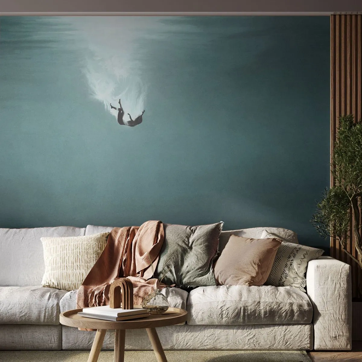 Fototapete Premium Sand - Eine Silhouette, die in dunklen Farben in die Tiefen des Ozeans fällt - 100x70cm - In den Armen des Ozeans - Moderne Wanddekoration für Wohnzimmer und Schlafzimmer ARTTOR