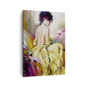 Bild auf Leinwand - Leinwandbild - Eine malerische Szene einer Frau auf einem Bett in romantischer Atmosphäre - 50x70cm - Zwischen den Lippen und dem Rand der Tasse - Moderne Wanddekoration für Wohnzimmer und Schlafzimmer ARTTOR
