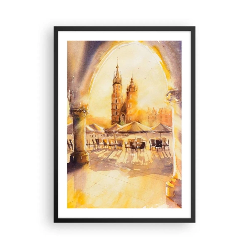 Poster in einem schwarzem Rahmen - Ein Aquarell, das den Krakauer Marktplatz bei Sonnenuntergang zeigt. - 50x70cm - Östlich über dem Krakauer Marktplatz - Moderne Wanddekoration für Wohnzimmer und Schlafzimmer ARTTOR