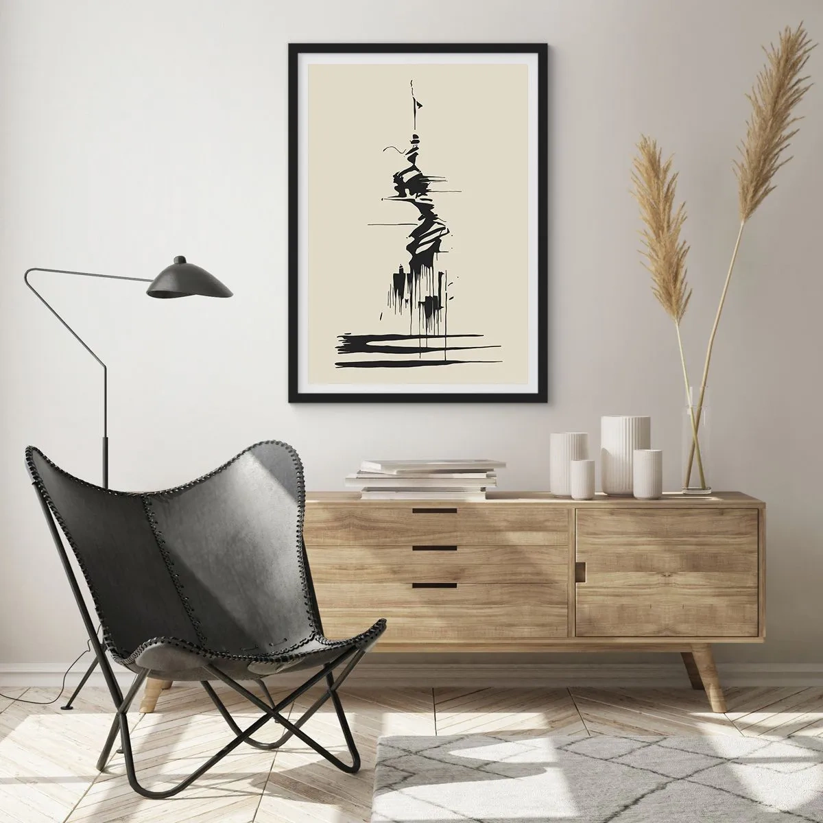 Poster in einem schwarzem Rahmen - Eine abstrakte Zeichnung einer Figur vor einem wellenförmigen Linienhintergrund. - 50x70cm - Hastige Abstraktion - Moderne Wanddekoration für Wohnzimmer und Schlafzimmer ARTTOR