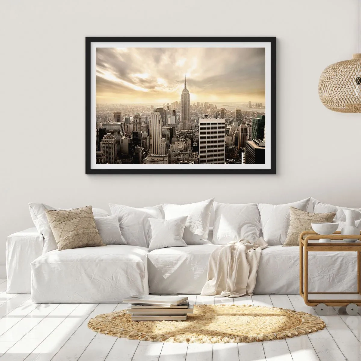 Poster in einem schwarzem Rahmen - Panorama der Stadt mit Blick auf das Empire State Building - 100x70cm - New York aus Grau - Moderne Wanddekoration für Wohnzimmer und Schlafzimmer ARTTOR