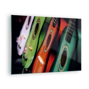 Glasbild - Bild auf glas - Bunte Gitarren in einer Reihe - 70x50cm - Die Gitarre hat viele Farben - Moderne Wanddekoration für Wohnzimmer und Schlafzimmer ARTTOR
