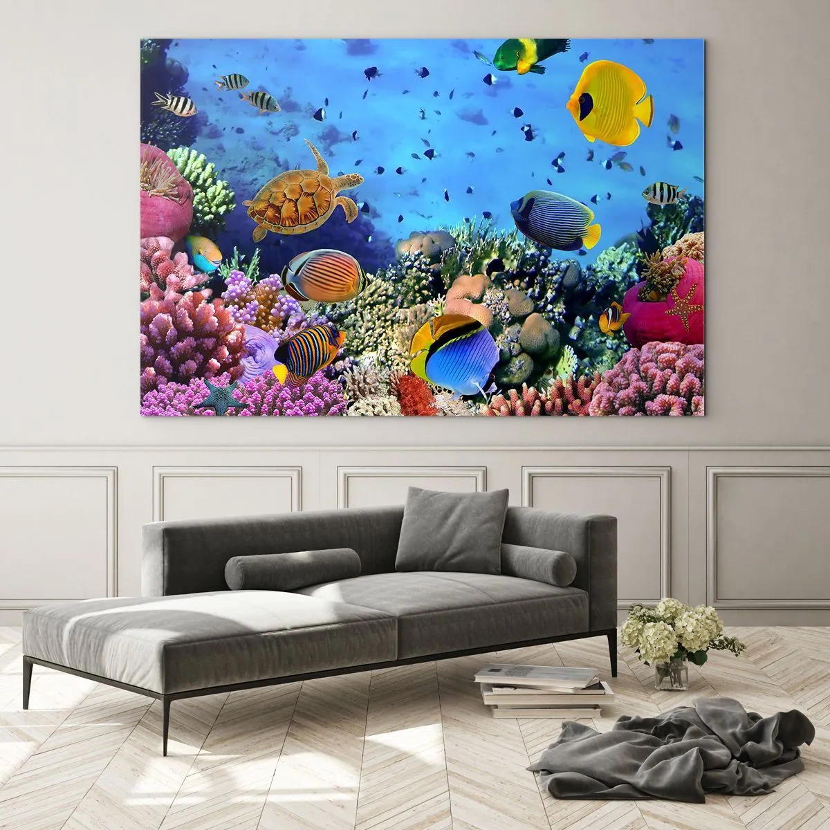 Glasbild - Bild auf glas - Bunte Fische und eine Meeresschildkröte vor einem Korallenriff - 70x50cm - Und was wissen wir über das Leben ... - Moderne Wanddekoration für Wohnzimmer und Schlafzimmer ARTTOR