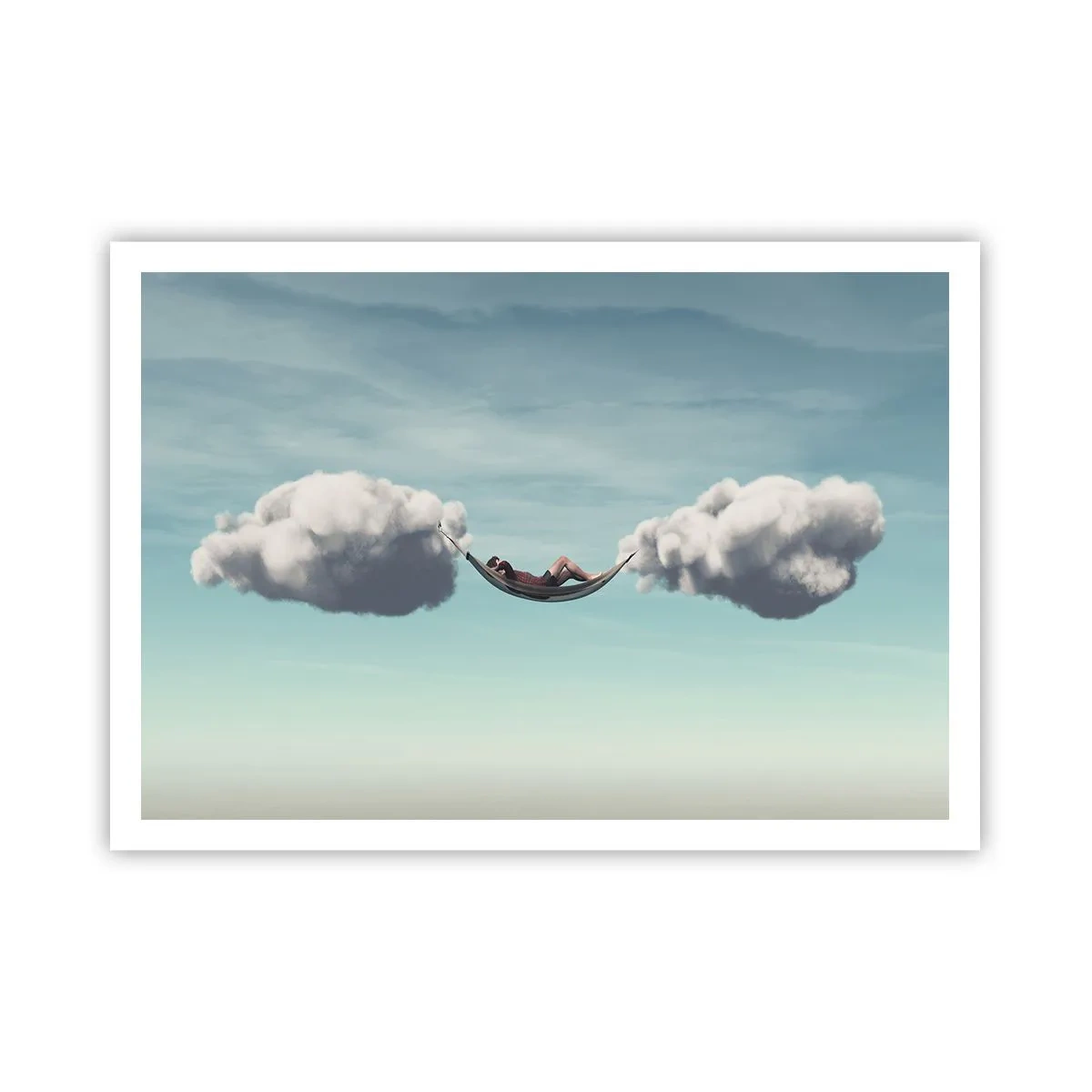 Poster - Eine Person entspannt in einer Hängematte in den Wolken - 100x70cm - Die Behaglichkeit des Augenblicks - Moderne Wanddekoration für Wohnzimmer und Schlafzimmer ARTTOR