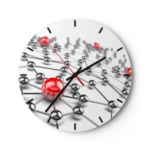 Wanduhr - Glasuhr - Molekulare Struktur mit roten Akzenten auf weißem Hintergrund - 30x30cm - Silbriges Netz - Moderne Wanddekoration für Wohnzimmer, Küche und Schlafzimmer ARTTOR