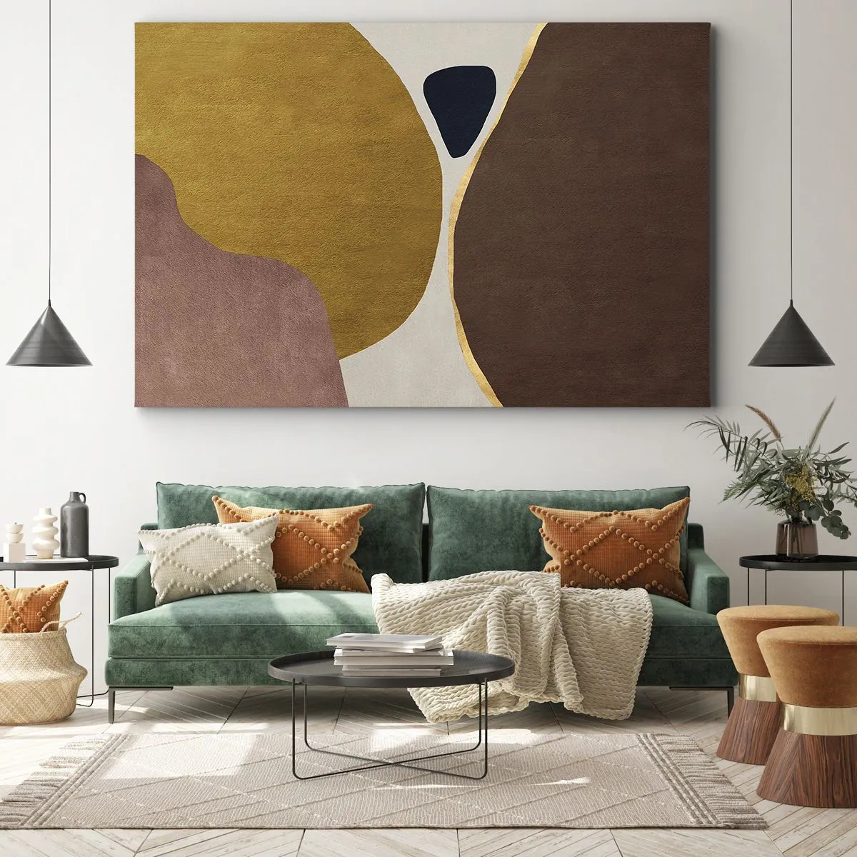 Bild auf Leinwand - Leinwandbild - Eine abstrakte Komposition mit geometrischen Formen in warmen Farben. - 100x70cm - Abstraktion – ein Ort im Raum - Moderne Wanddekoration für Wohnzimmer und Schlafzimmer ARTTOR
