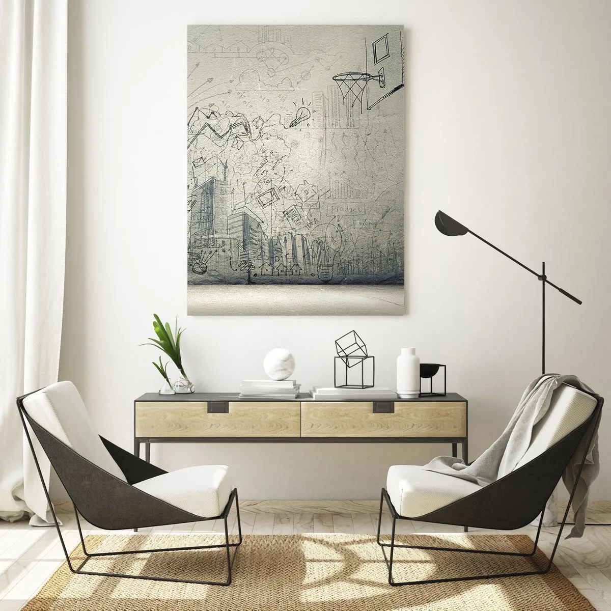 Glasbild - Bild auf glas - Zeichnungen und Diagramme vor dem Hintergrund einer rohen Wand - 70x100cm - Mein tolles Stadtleben - Moderne Wanddekoration für Wohnzimmer und Schlafzimmer ARTTOR