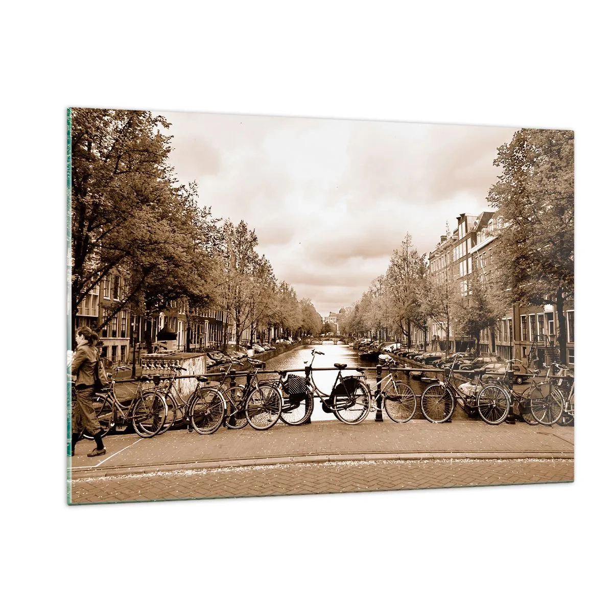 Glasbild - Bild auf glas - Amsterdamer Brücke mit Retro-Fahrrädern - 120x80cm - Niederländische Atmosphäre - Moderne Wanddekoration für Wohnzimmer und Schlafzimmer ARTTOR