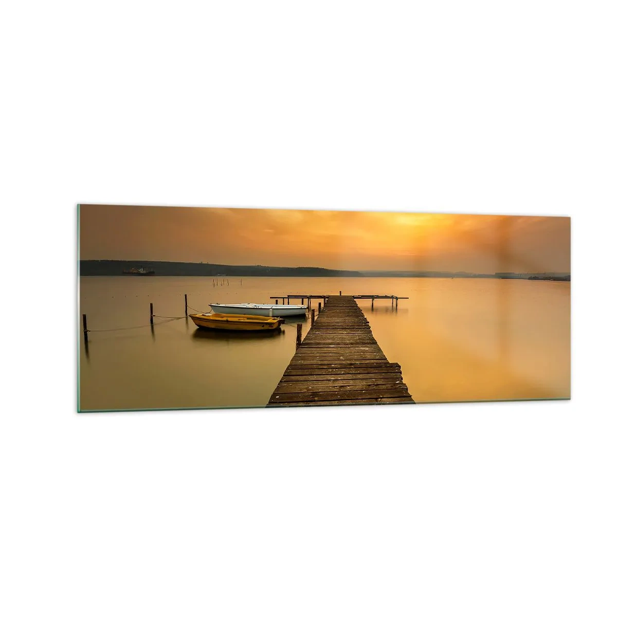 Glasbild - Bild auf glas - Holzsteg und Boote auf dem See bei Sonnenuntergang - 140x50cm - Ich werde dir den goldenen Himmel öffnen - Moderne Wanddekoration für Wohnzimmer und Schlafzimmer ARTTOR