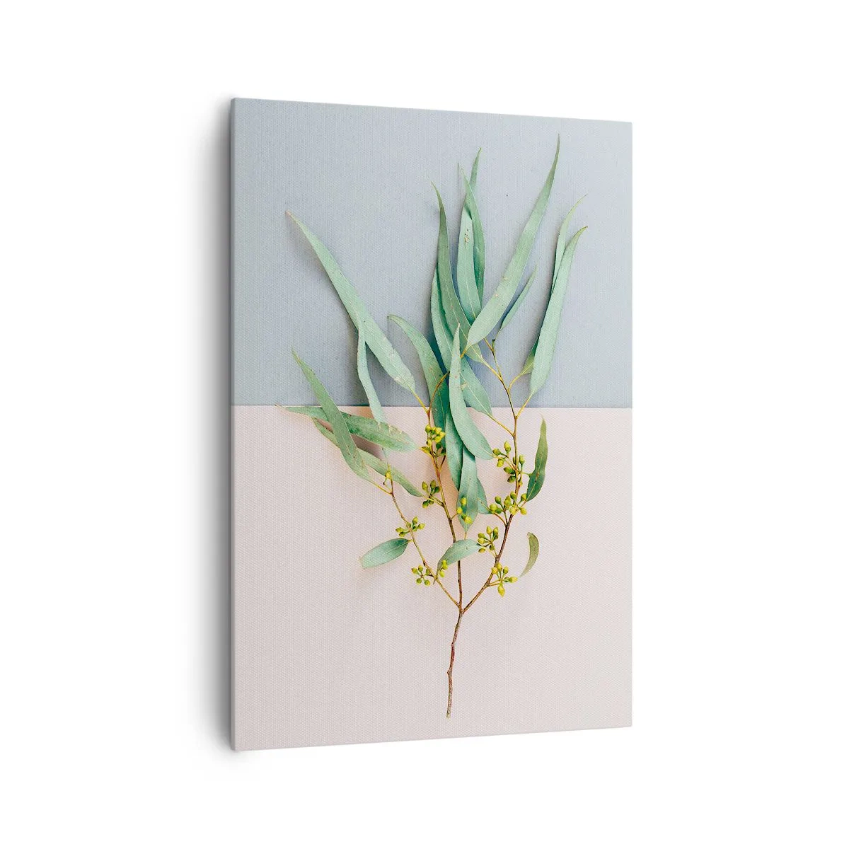 Bild auf Leinwand - Leinwandbild - Ein Zweig mit Blättern auf einem Hintergrund in Pastelltönen - 70x100cm - Pastellige Subtilität - Moderne Wanddekoration für Wohnzimmer und Schlafzimmer ARTTOR