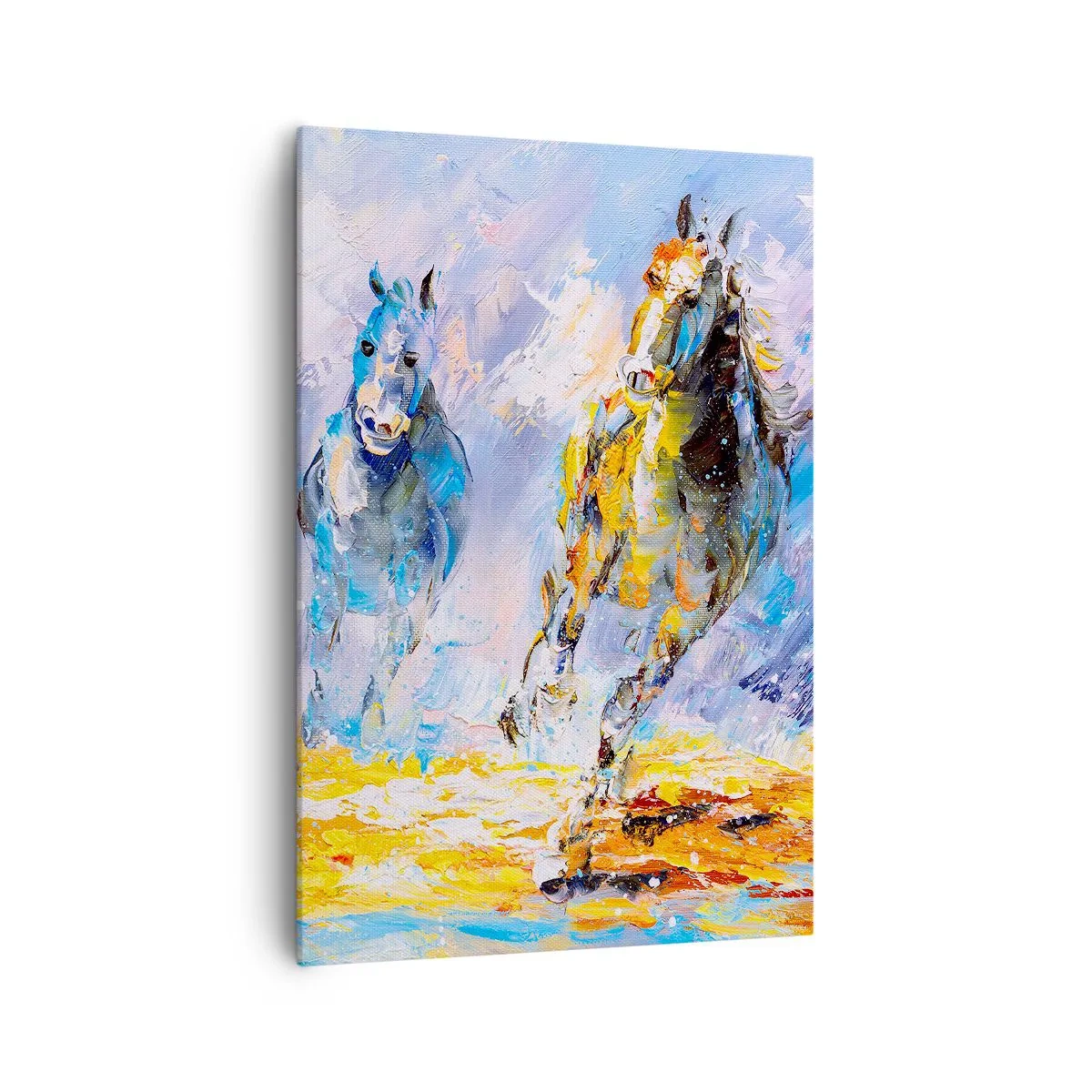 Bild auf Leinwand - Leinwandbild - Zwei Pferde in Bewegung vor dem Hintergrund einer abstrakten Landschaft - 70x100cm - Galopp durch die Blendung - Moderne Wanddekoration für Wohnzimmer und Schlafzimmer ARTTOR