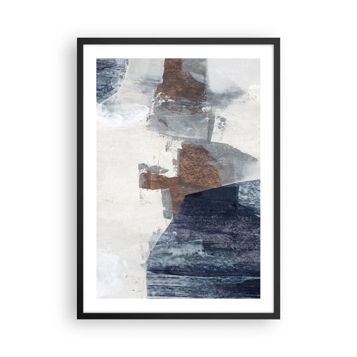 Poster in einem schwarzem Rahmen - Moderne Abstraktion in Braun- und Marineblautönen - 50x70cm - Blaue und braune Formen - Moderne Wanddekoration für Wohnzimmer und Schlafzimmer ARTTOR