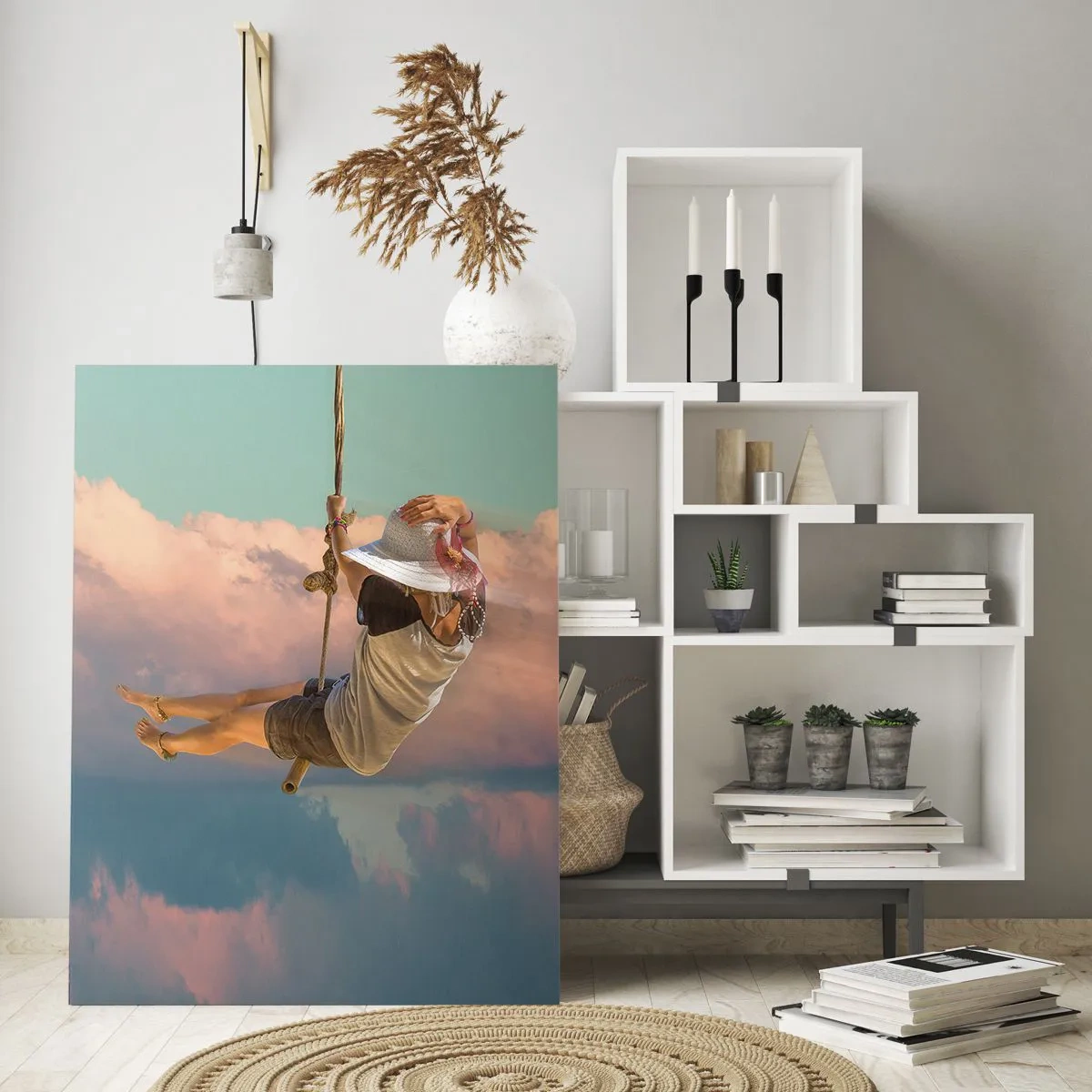 Glasbild - Bild auf glas - Mädchen auf einer Schaukel zwischen rosa Wolken - 50x70cm - Spaß in den Wolken - Moderne Wanddekoration für Wohnzimmer und Schlafzimmer ARTTOR